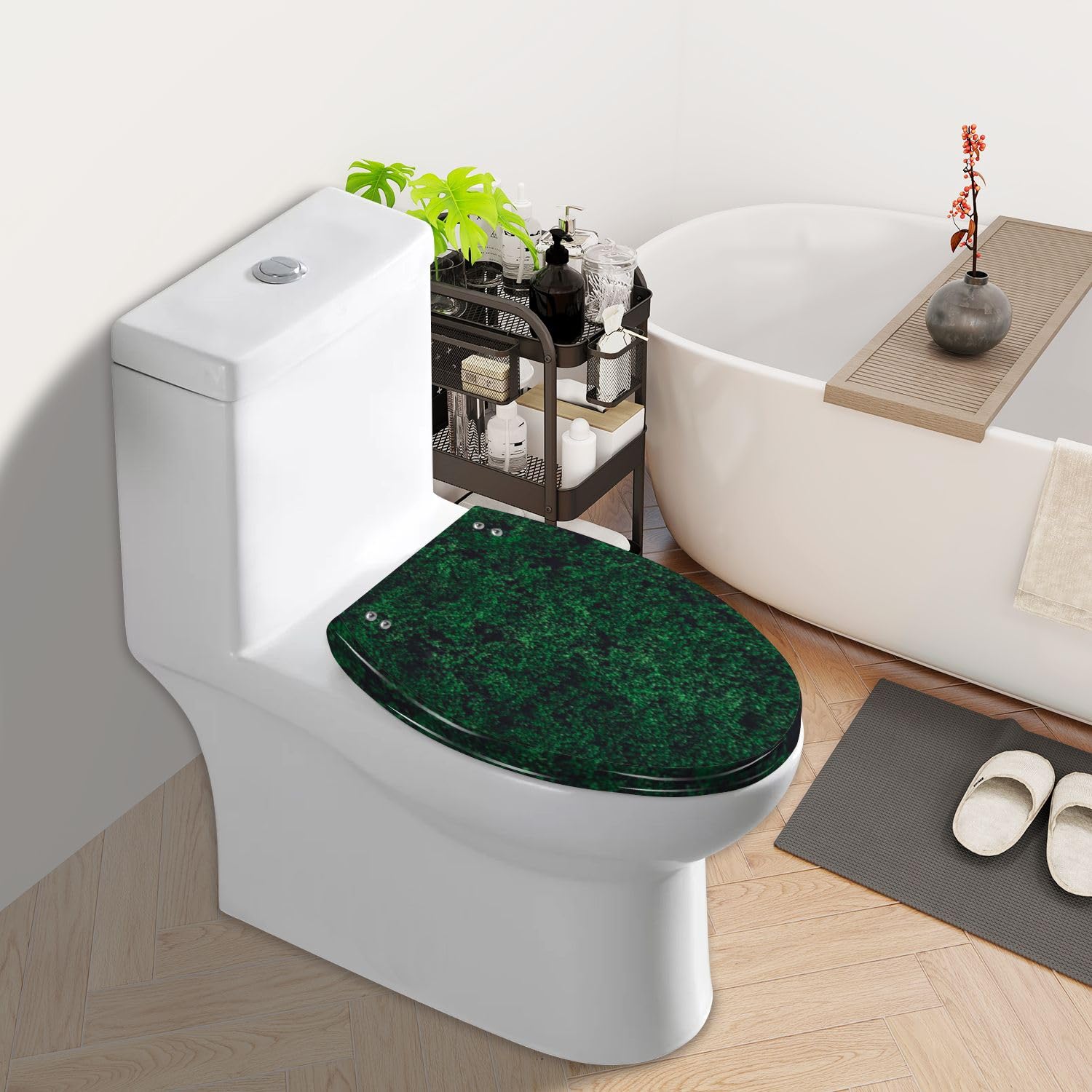 Elongated Toilet Seat Green old concrete wall green nature dark green tone Resin Toilet Seat Slow Quiet Close Lid with Quick-Release Hinges Cover Bumpers Easy to Clean Install