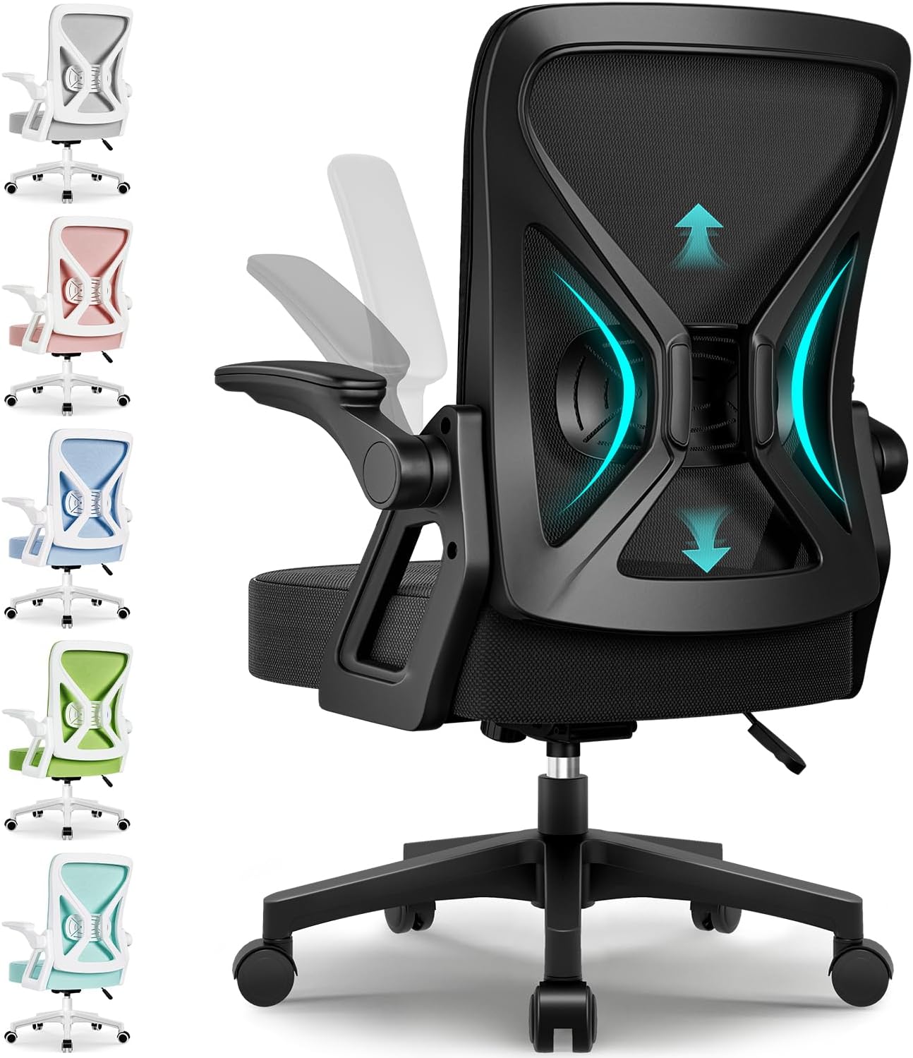 Bürostuhl Ergonomisch,Schreibtischstuhl mit Hochklappbaren Armlehnen,Einstellbare Lendenstütze,Höhenverstellbarer Chefsessel Drehstuhl,Netzstuhl mit Wippfunktion bis 125°,Schwarz