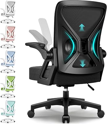 Bürostuhl Ergonomisch,Schreibtischstuhl mit Hochklappbaren Armlehnen,Einstellbare Lendenstütze,Höhenverstellbarer Chefsessel Drehstuhl,Netzstuhl mit Wippfunktion bis 125°,Schwarz