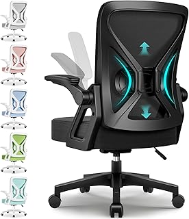 Bürostuhl Ergonomisch,Schreibtischstuhl mit Hochklappbaren Armlehnen,Einstellbare Lendenstütze,Höhenverstellbarer Chefsessel Drehstuhl,Netzstuhl mit Wippfunktion bis 125°,Schwarz