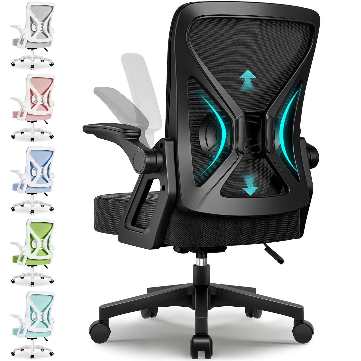 Airchros Bürostuhl Ergonomisch,Schreibtischstuhl mit Hochklappbaren Armlehnen,Einstellbare Lendenstütze,Höhenverstellbarer Chefsessel Drehstuhl,Netzstuhl mit Wippfunktion bis 125°,Schwarz