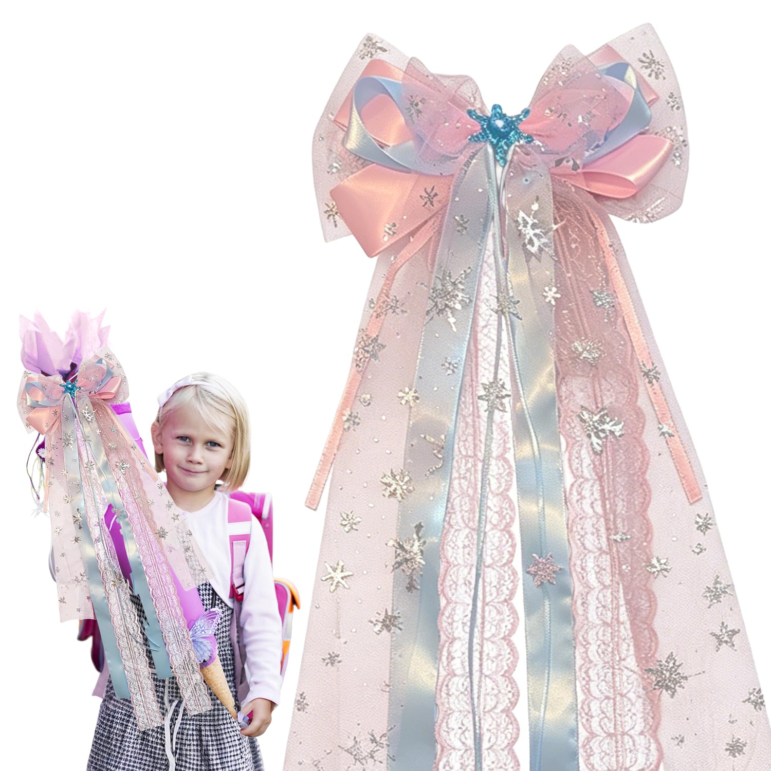 DIPZO Large Decorative Pink School Cone Bow for Girls, 60cm Satin Bows for Birthday, Wedding, Baby Shower, Christmas, Back to School, Wrapping, Decorative Ribbons for Presents