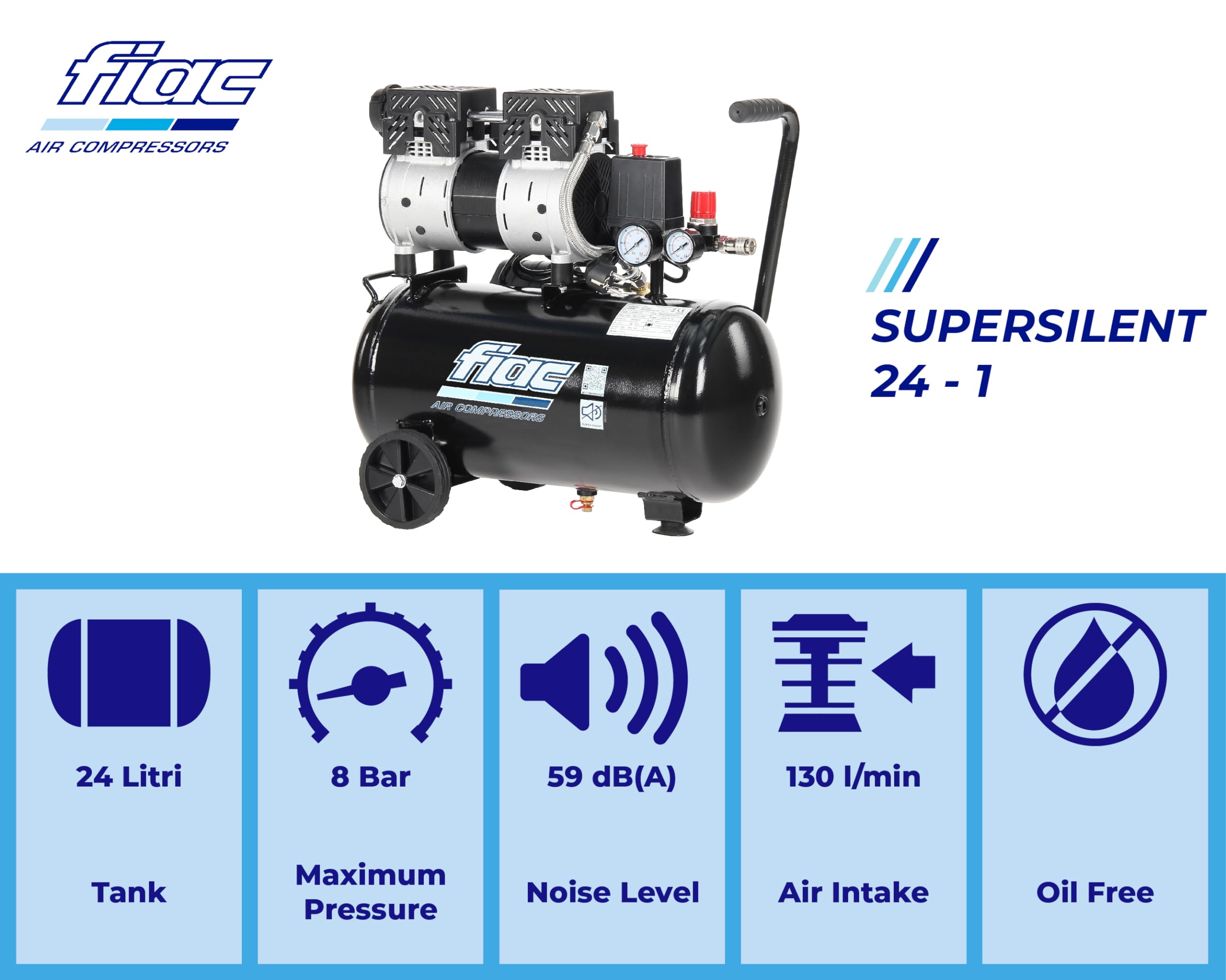 FIAC Geräuscharmer Mobiler Luftkompressor SUPERSILENT 24, Ölfrei, Maximaler Druck 8 Bar, 1 PS, 24-Liter-Tank, Geräuschpegel 58 dB LpA