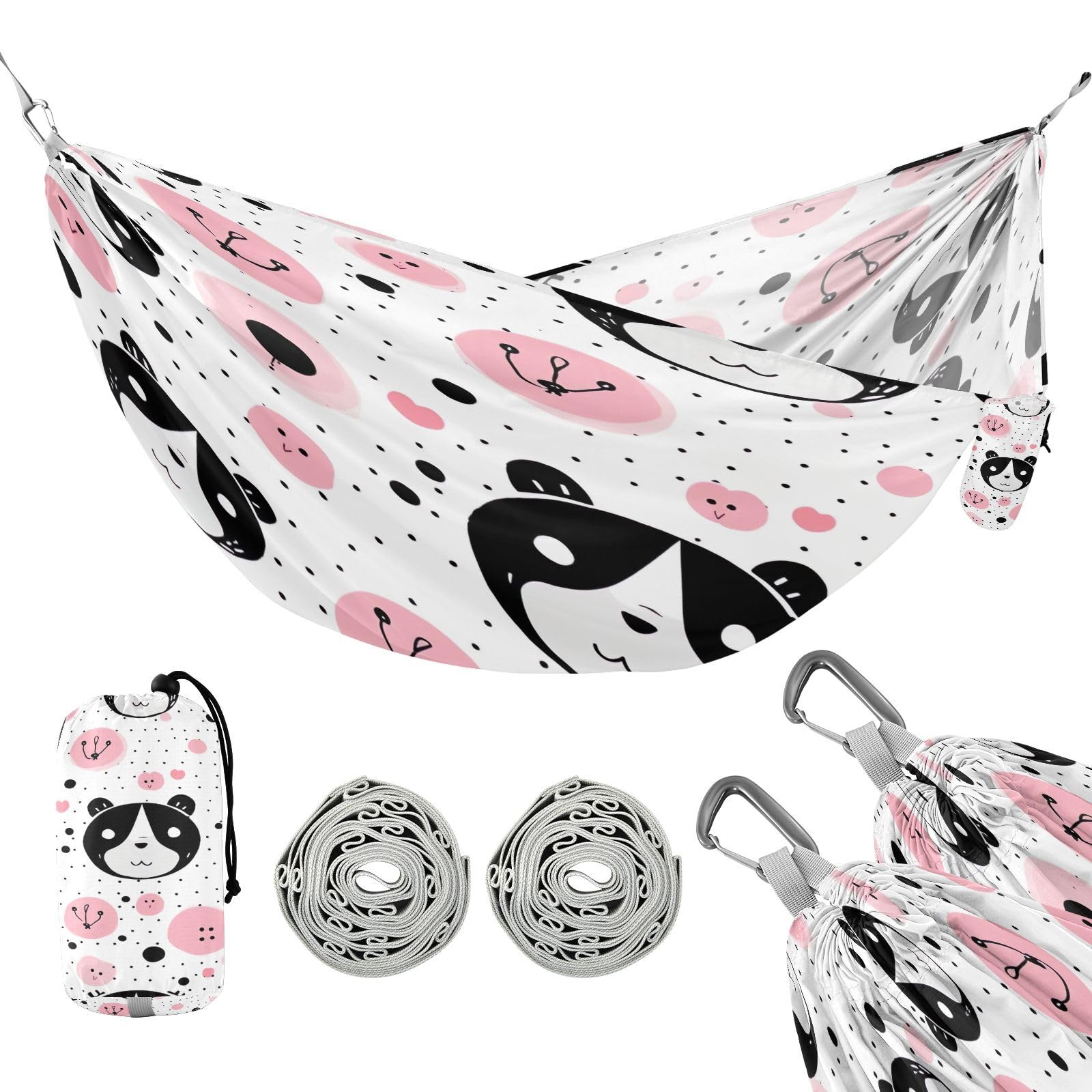 ATTX Pink Panda Bears Camping Hammock - Lightweight & Portable Hammocks, Heavy Duty 330lbs Capacity for Indoor, Hiking, Backpacking, Travel, Backyard, Beach#373