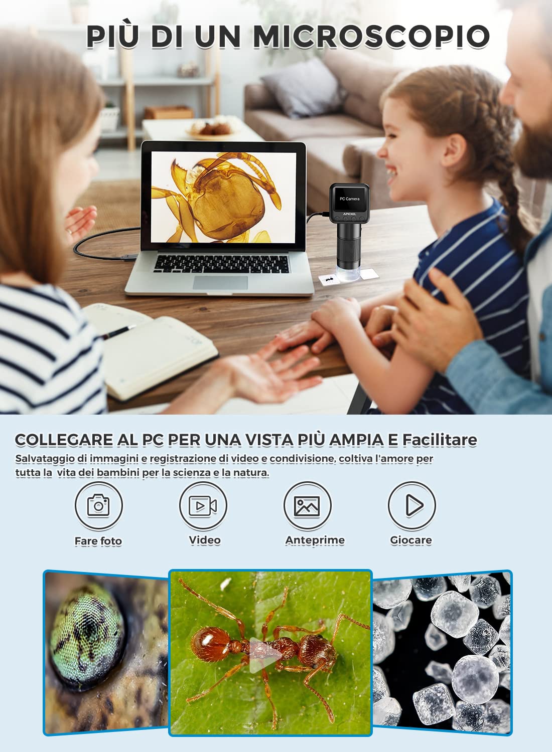 APEXEL Microscope Tascabile per Bambini, Microscopio Portatile con microscope Slides 800X Dermatoscopio Professionale USB Microscope Camera con schermo LC