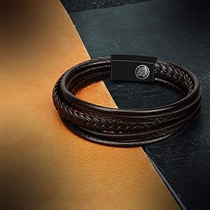 Bracciale Uomo In Pelle Intrecciata - Chiusura Magnetica, Nero/Marrone, Con Incisione E Confezione Regalo - Foto 8