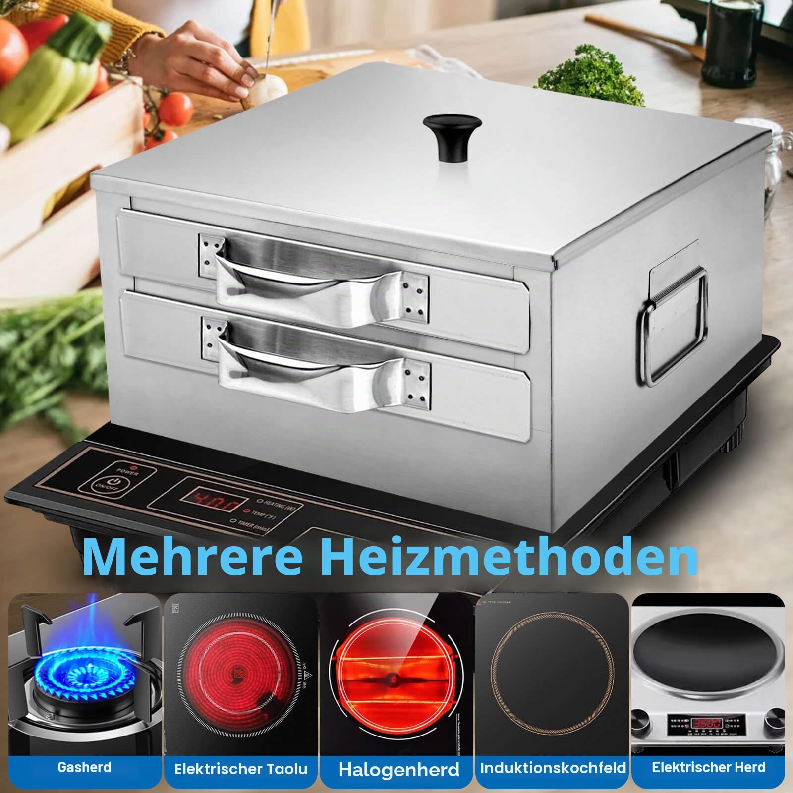 2-lagiger Reis-Nudel-Rollen-Dampfgarer, Edelstahl für Heimkocher | Mit extra Dampfschale, oben offenes Design, für chinesische Cheung Fun Küche Rezepte, Induktionskochfeld kompatibel