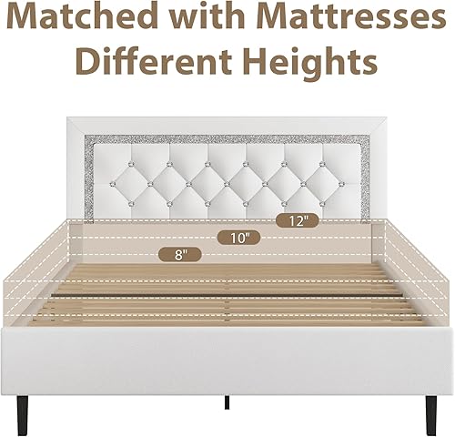 Miniatura 33 de BarnFurin Base de cama tamaño matrimonial con cabecera de botones copetudos, plataforma tapizada con diseño de diamante, soporte de listones de