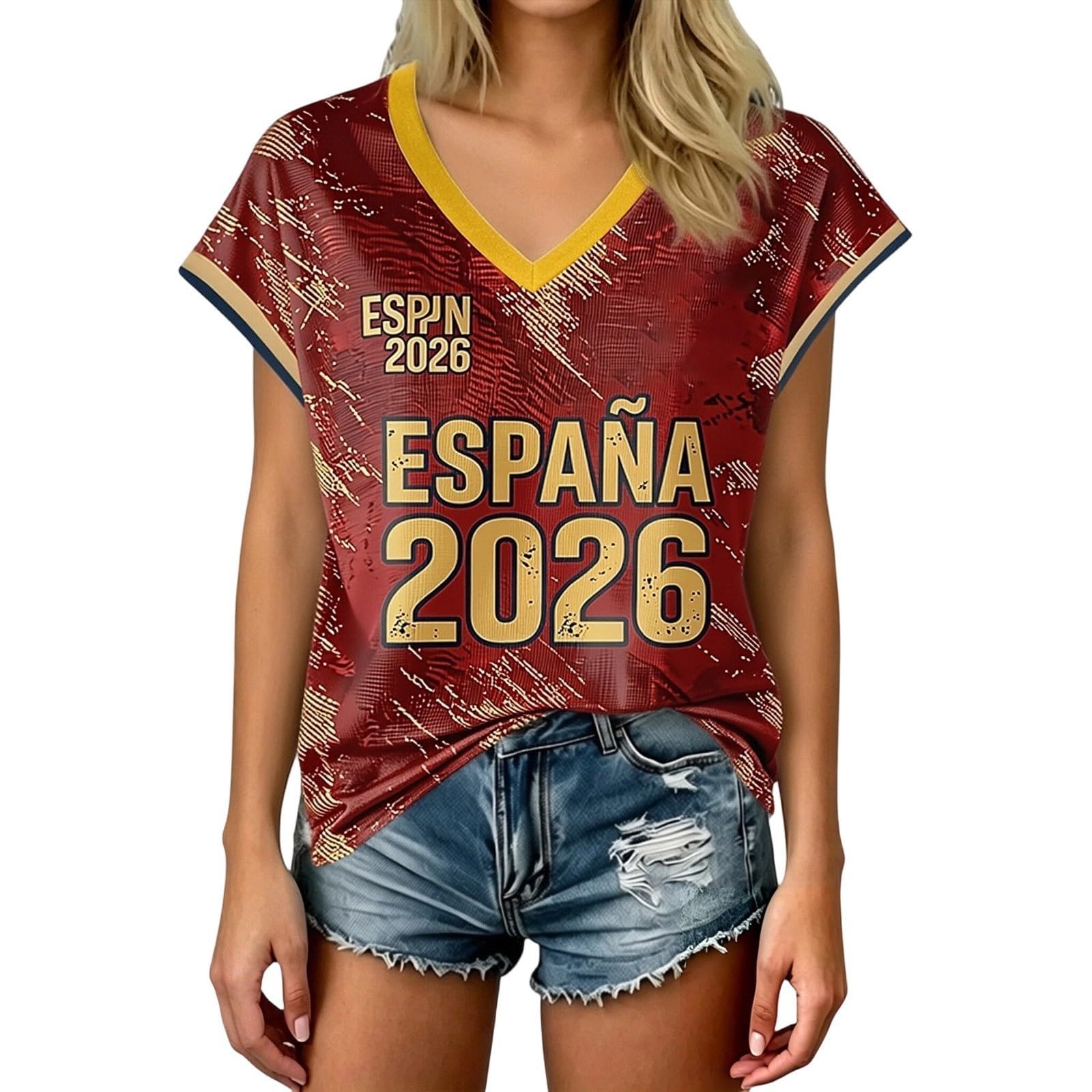 Spain Football T-Shirt for Women Short Sleeve V-Neck Shirts Spain Flag Comfortable Casual Tee Retro Soccer Jersey Adult and Kids Summer Tops (2-Brick Red, 6-7 Years)