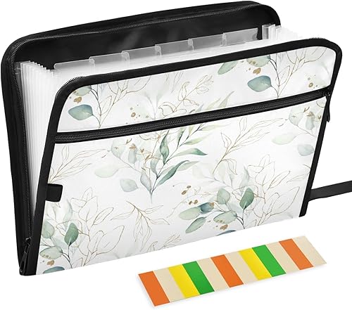 Carpeta de archivos expansible de hojas de lirio con etiquetas adhesivas, 13 bolsillos, carpeta de acordeón de color blanco, verde, dorado,