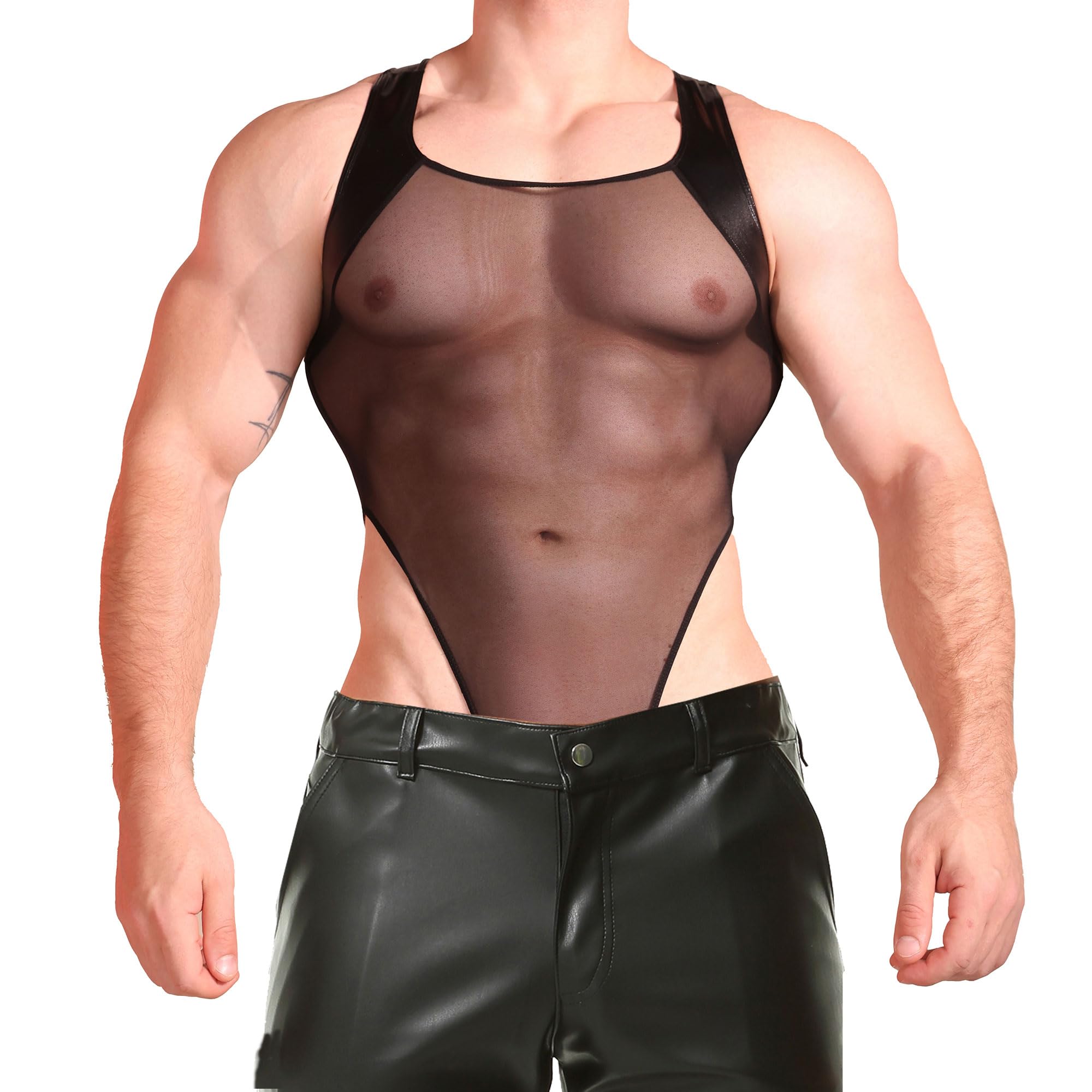 YOOBNG Mens Wrestling Singlet Metallic Bodysuit Mesh Leotards Slim Fit for Activewear Clubwear — image 1