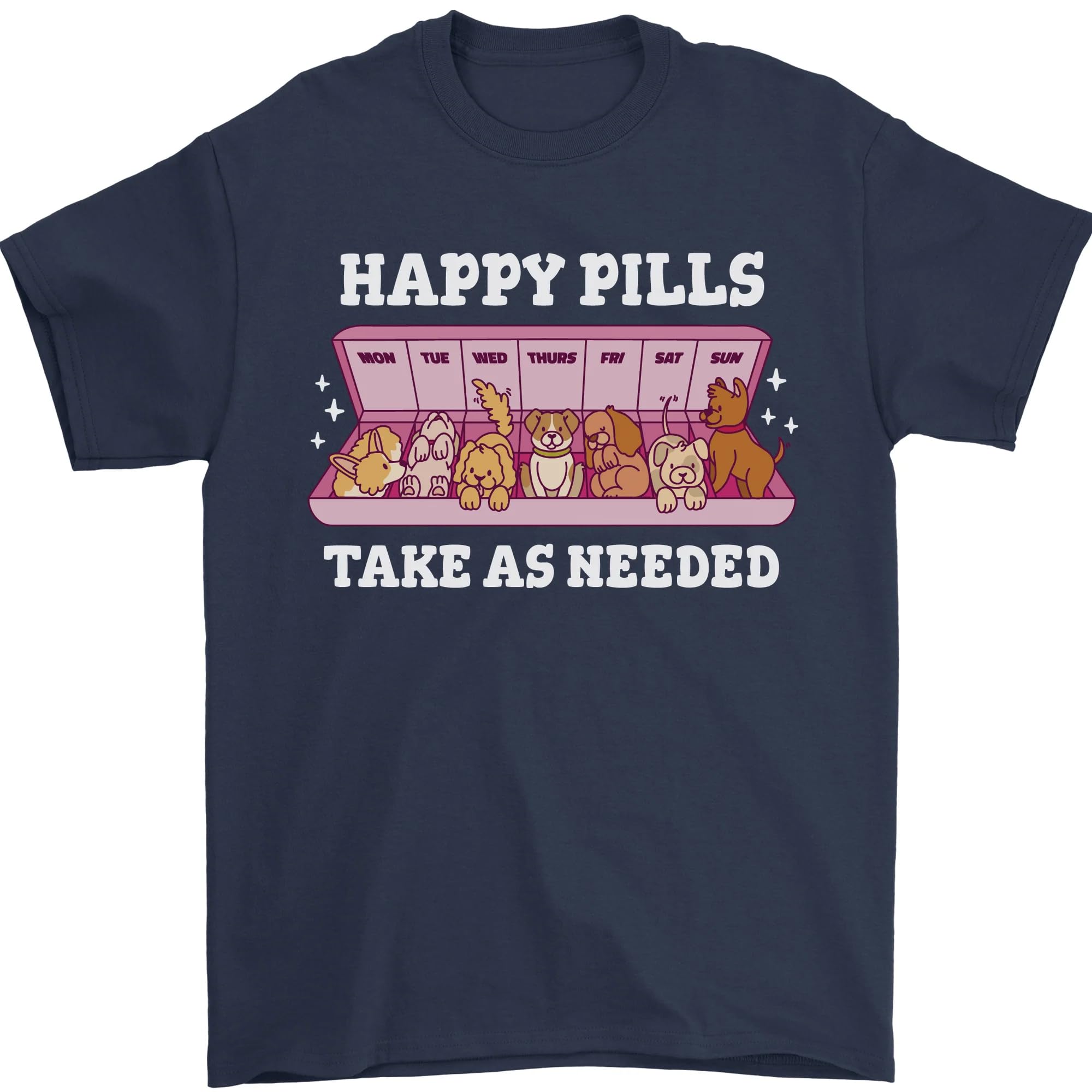 Happy Pills Antidepressants Dogs Mens T-Shirt 100% Cotton Navy Blue S