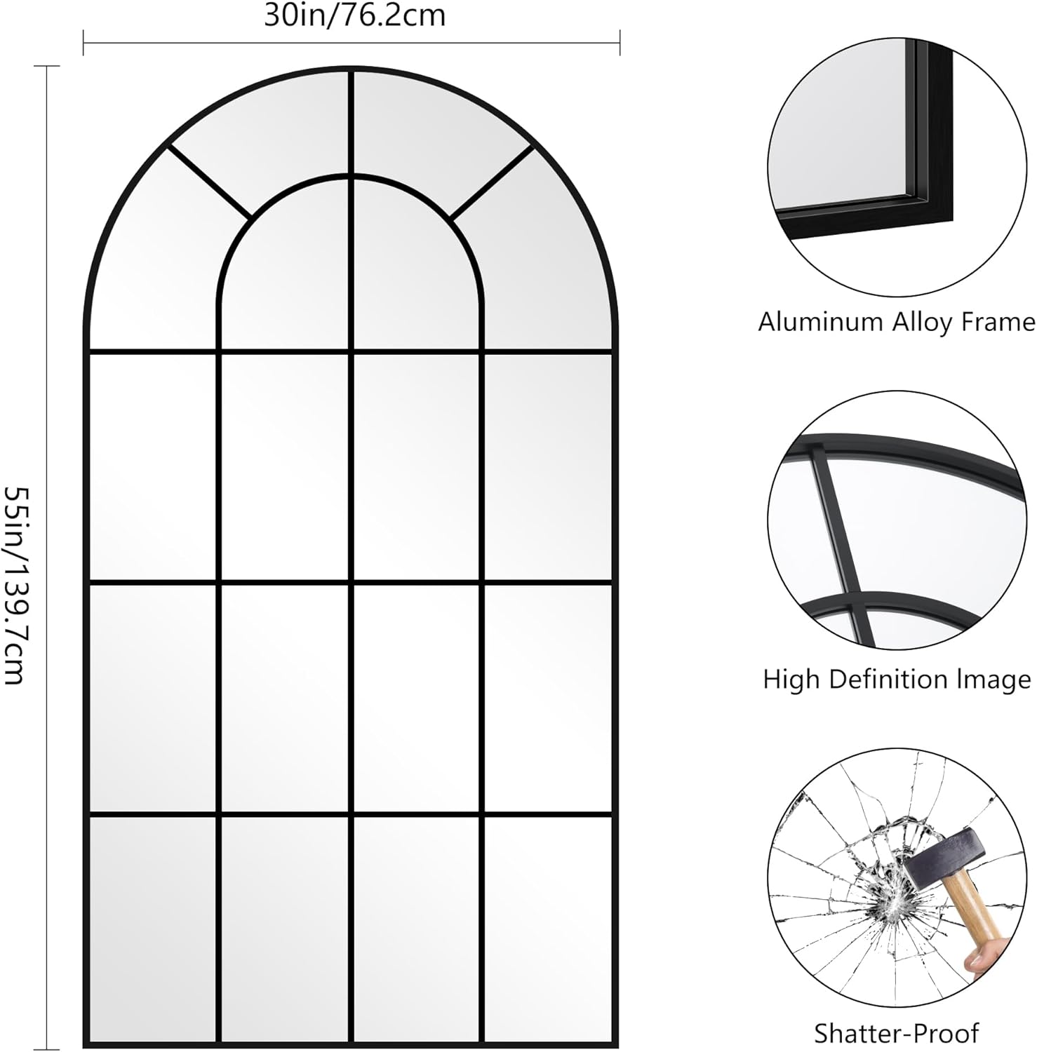 Arched Wall Mirror, 30x55 inch Window Pane Mirrors for Wall Decor, Black Arch Mirrors Wall Mounted, Black Frame Arched Mirror for Living Room Bedroom Entryway, Horizontal Hanging or Leaning Against