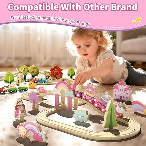Miniatura 4 de Lehoo Castle Juego de tren de madera, juego de tren para niños pequeños de 2 a 4 años, pista de tren de madera para niñas, juguetes de unicornio