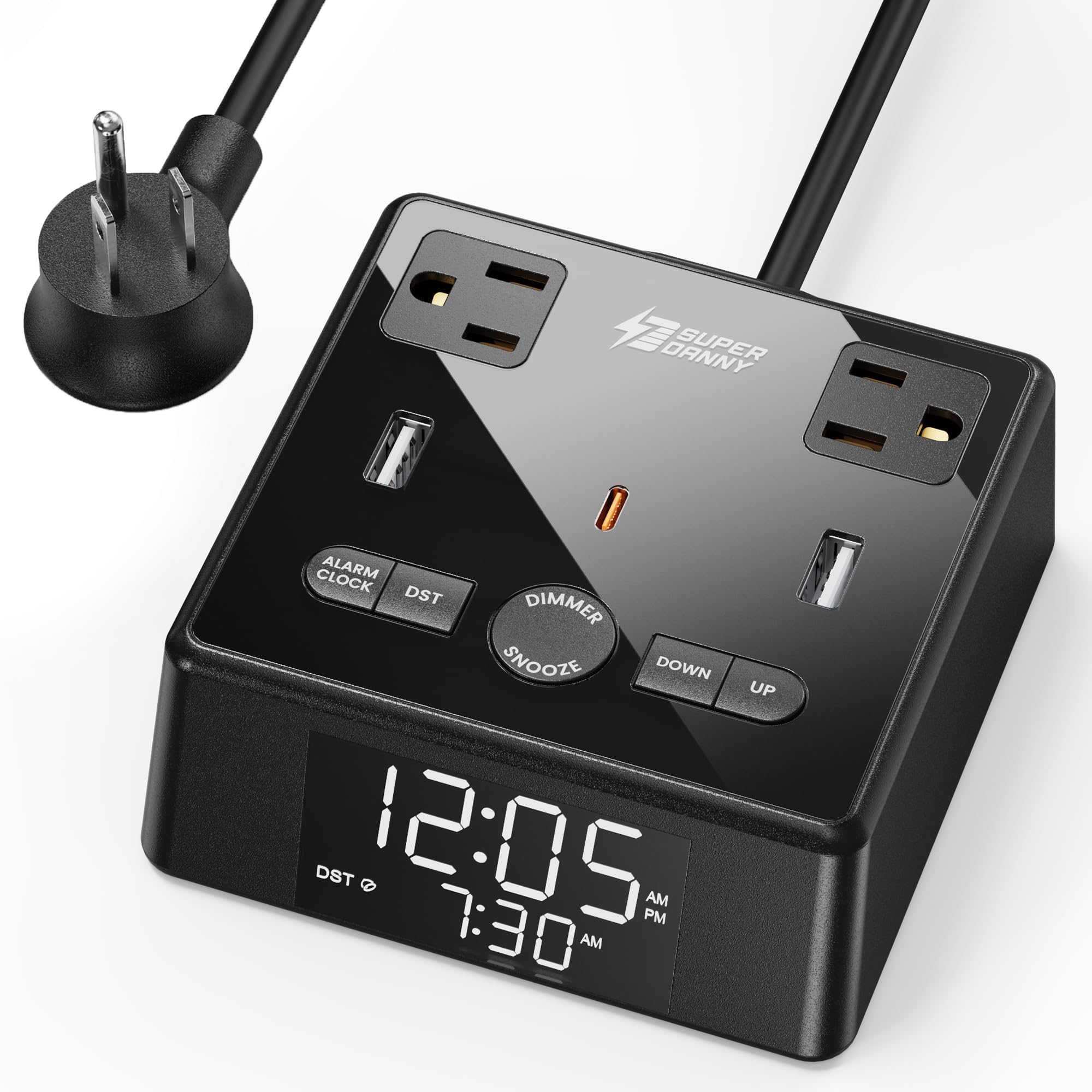 SUPERDANNYDigital Alarm Clock with 3 USB Charger, Desk Charging Station 2 AC Outlets, 6.5ft Cord, Power Strip Surge Protector 1700J, LCD Display, Easy Alarm Setting for Bedroom Dorm Room Hotel, Black