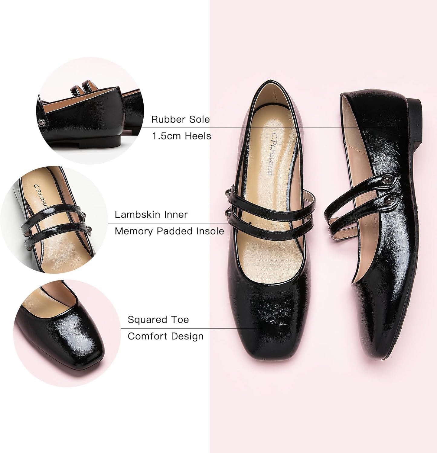 C.Paravano Mary Janes for Women | Ballet Flats | Womens Flats | Square Toe Flats for Women