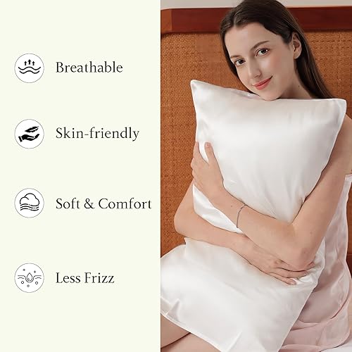 Miniatura 4 de Funda de almohada 100% seda de morera para cabello y piel, lujosa funda de almohada de seda pura de doble cara, 29 x 19 pulgadas, 1 unidad (blanco)