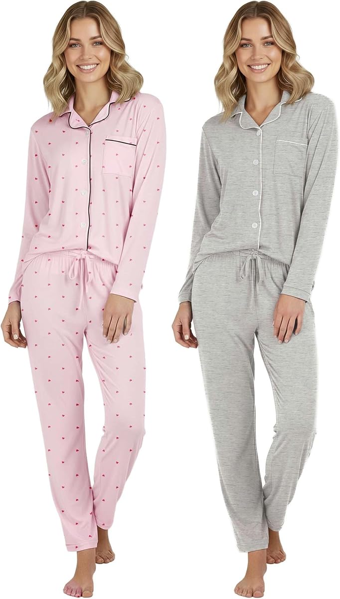 Real Essentials 2 Pack: Women's Soft Pajama Set | Button Down Top and Lounge Sleep PJ Pants | Matching Sleepwear (Plus Size)