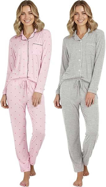 Real Essentials 2 Pack Womens Soft Pajama Set | Button Down Top and Lounge Sleep PJ Pants | Matching Sleepwear Plus Size