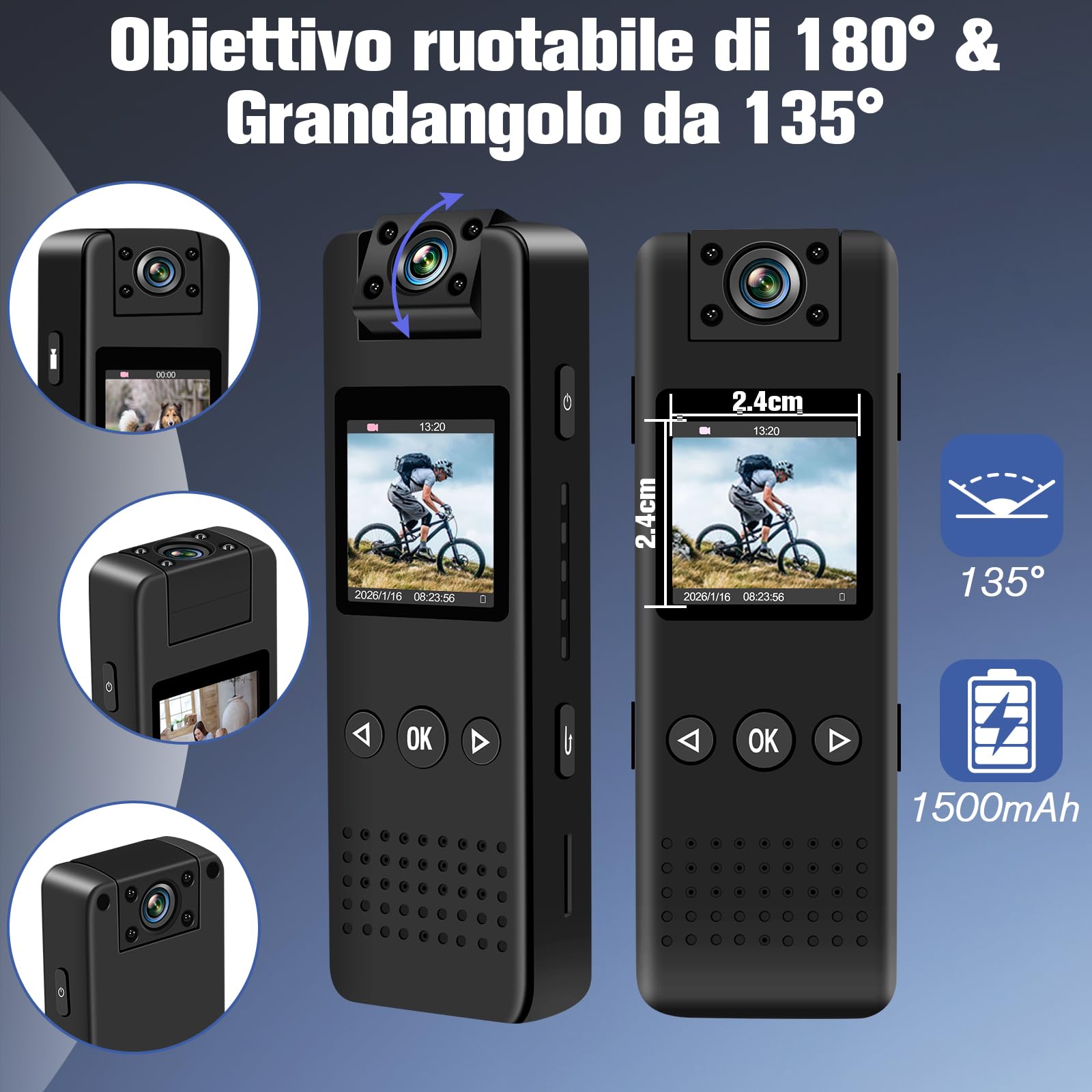 Mini Body Cam HD 1080P, Action Cam Portatile, Telecamera Casco Moto con Audio Rotazione di 180°con Visione Notturna Rilevamento del Movimento per Vlog, Ciclismo, ecc. Attività al chiuso/all'aperto