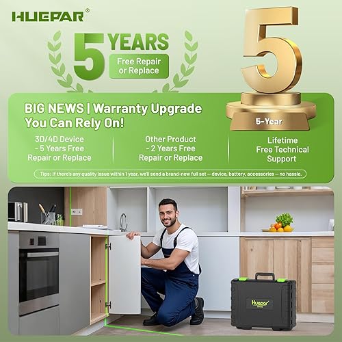 Miniatura 2 de Huepar Nivel láser autonivelante 3x360 Bluetooth para exteriores, línea láser 3D de haz verde de tres planos de nivelación y alineación láser con