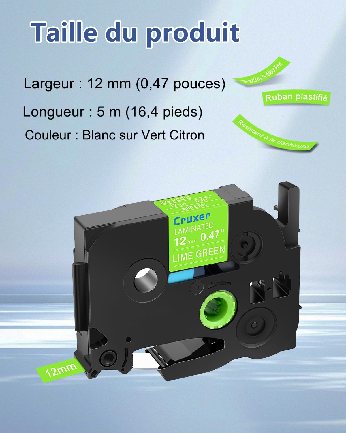 Lot de 200 rubans compatibles P‑Touch TZe‑MQG35 Blanc sur Vert Citron 12 mm