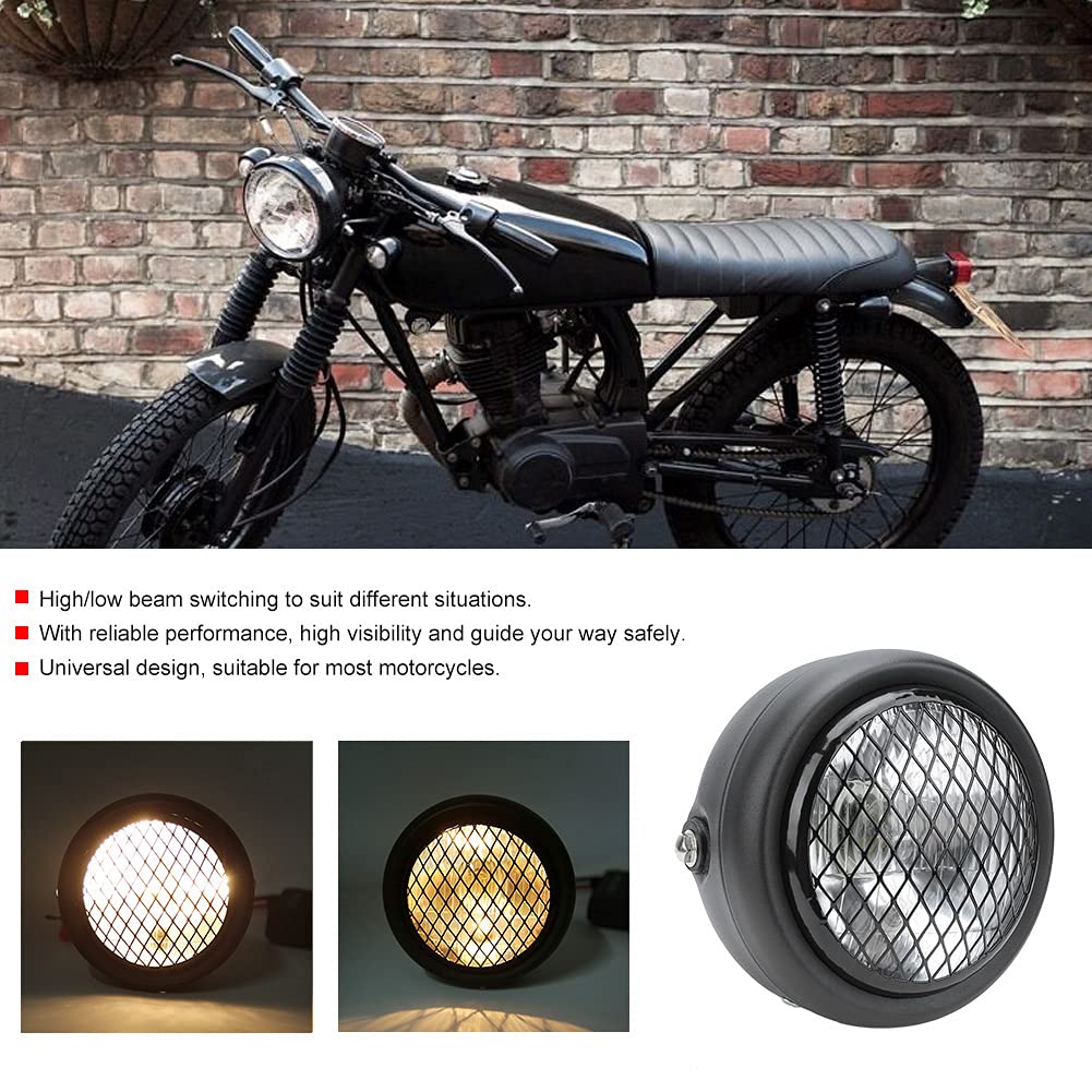 Faro anteriore retrò universale per moto DC12V, faro anteriore a fascio alto/basso impermeabile con lente in vetro curvo, custodia in ferro per CG125 GN125 ((Guscio nero e copertura bianca))
