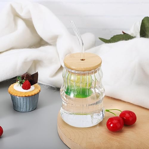 Miniatura 3 de Paquete de 2 vasos para beber con tapas de bambú y popote de vidrio de 17 onzas con ondas creativas, vasos de vidrio para café helado, refrescos,