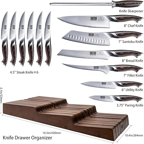 Miniatura 2 de HOSHANHO Juego de cuchillos de cocina con bloque, juego profesional de 14 piezas de bloque de cuchillos ultra afilado en organizador de cajones de