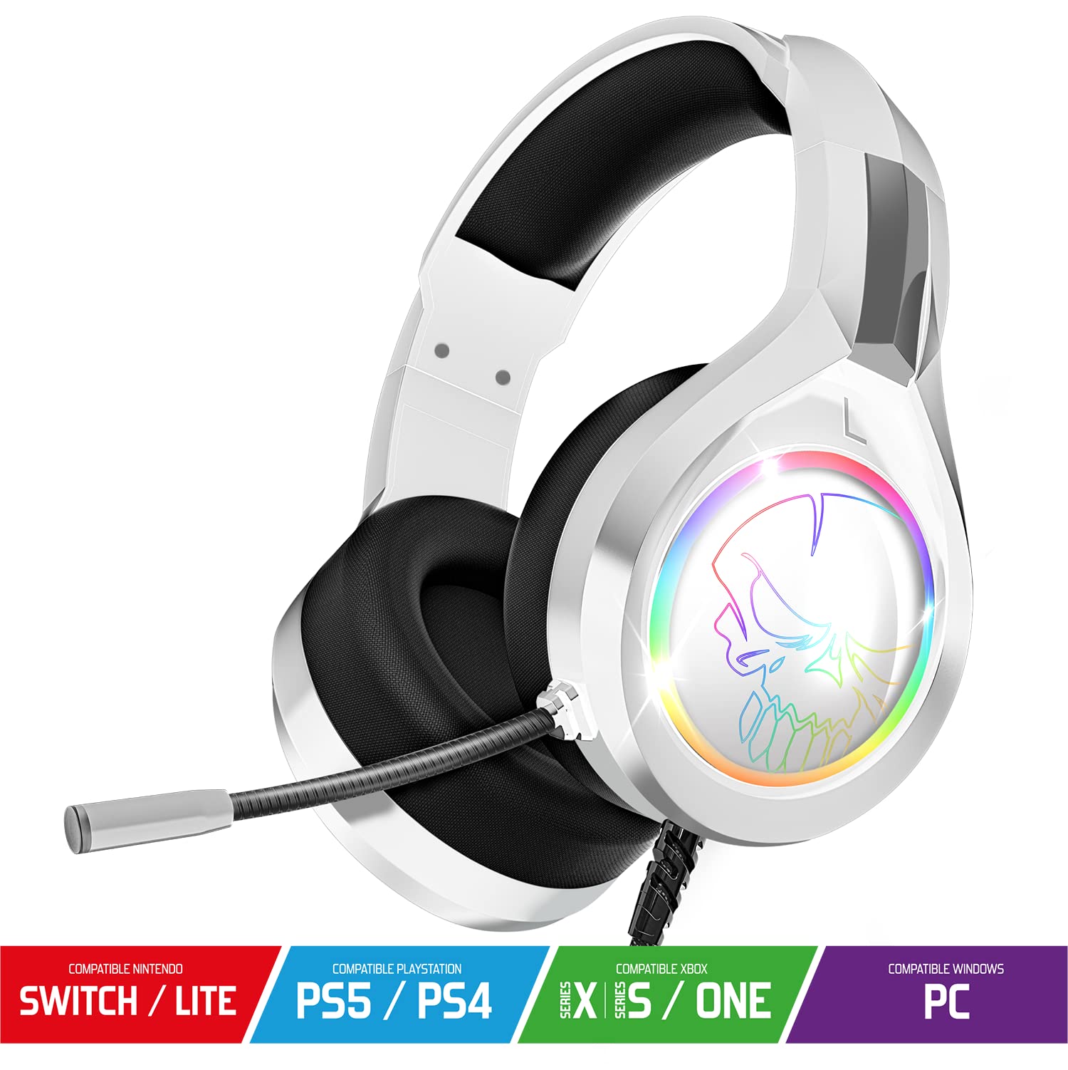 SPIRIT OF GAMER - PRO H8, Cuffie Gaming Cablato Bianco RGB con Microfono, Compatibile con PS5, PS4, Xbox, Switch e PC, Audio stereo 2.0, Uscita USB e Jack,Cuscino in Similpelle e Archetto Regolabile