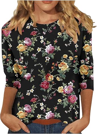 Womens Casual 3/4 Sleeve T-Shirts Round Neck Cute Tunic Tops Basic Printed Tees Loose Fit Business Work Blouses