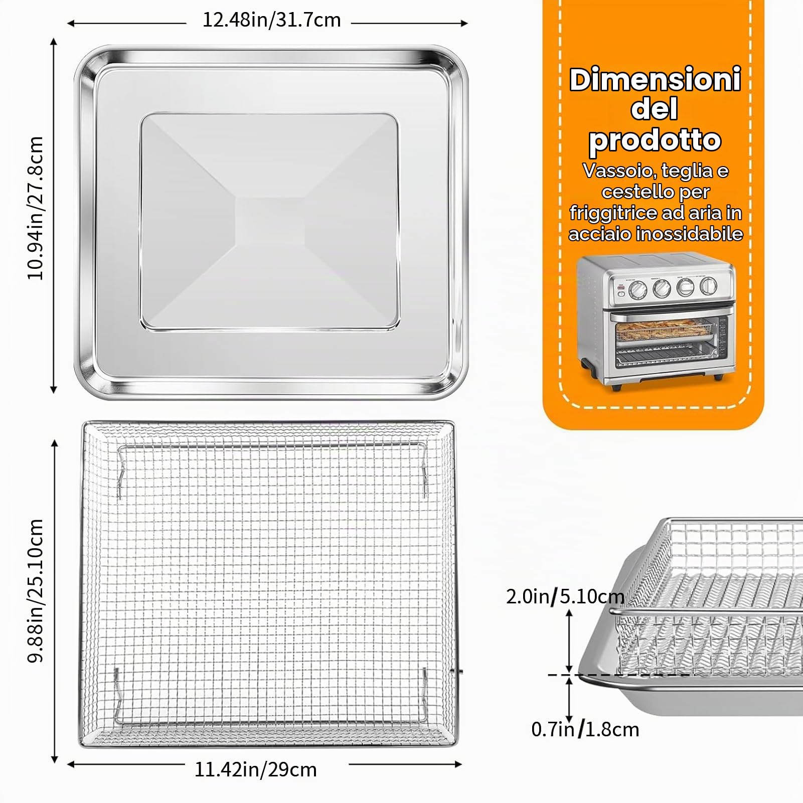 GCQ Cesto in Acciaio Inox per Friggitrice ad Aria, Padella Griglia, Sostituzione per Cuisinart Forno Mini ad Aria 7 in 1 17L TOA-60 65 70, Accessori in Rete, Lavabile in Lavastoviglie