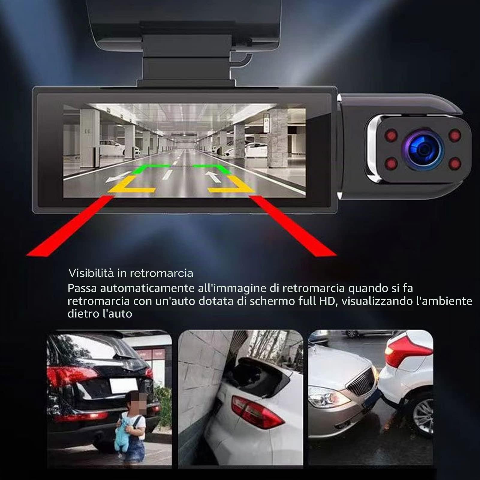 Dash Cam Notturna per Auto con Obiettivo Rotante a 360 Gradi, Registratore di Guida da 3,16 Pollici per Monitor di Parcheggio Wide Angel