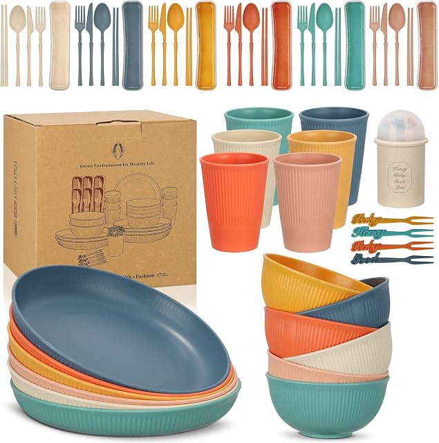 Yitriden 36pcs Dinner Set, Plates and Bowls Sets, Lightweight Plastic Dinnerware Cutlery Sets, Include Unbreakable Serving Bowls, Plates, Cups, Forks, Tableware, for Picnic Camping Party Wedding