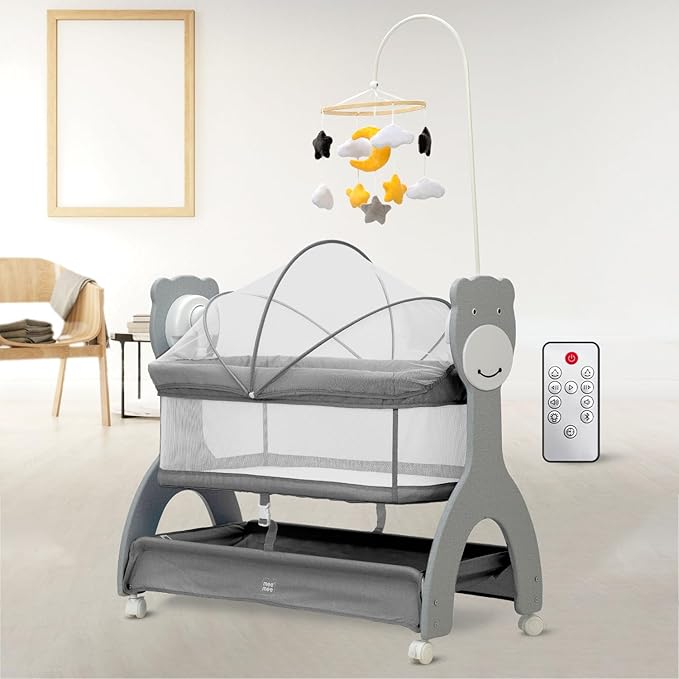 Mee Mee Sweet Love Automatic Electric Cradle/Bassinet for Baby | Remote Controlled 3 Gear Swing | Lightweight,Soothing Music,Bluetooth & Smart Timer, Lockable Wheels & Cot Mobile |0-12 Months Baby