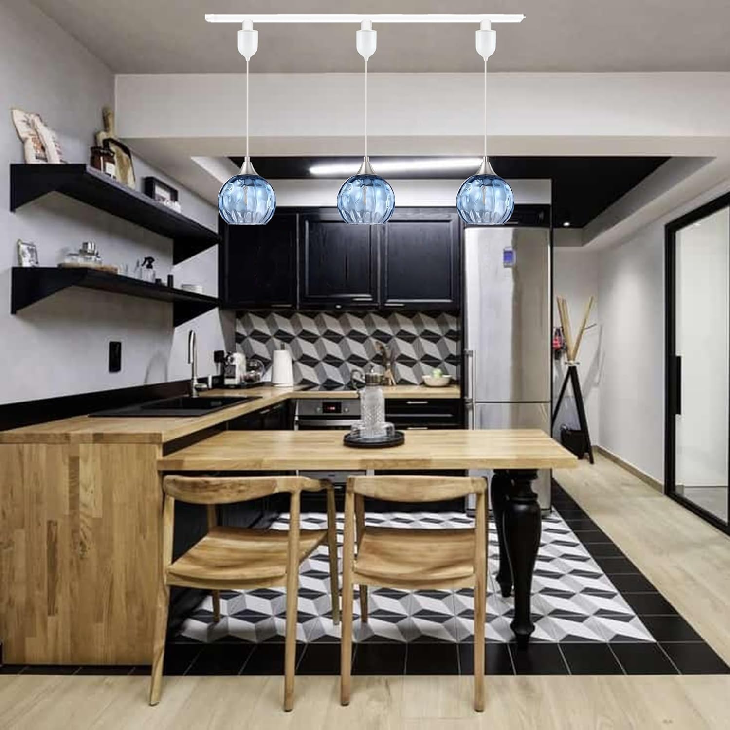 Kiven H-Type Track Lighting Pendants,Modern h Track Pendant Lights with Blue Glass Globe,Decorative Track Lighting Fixture Adjustable Height for Kitchen Hallway Restaurant Shop(1-Light)