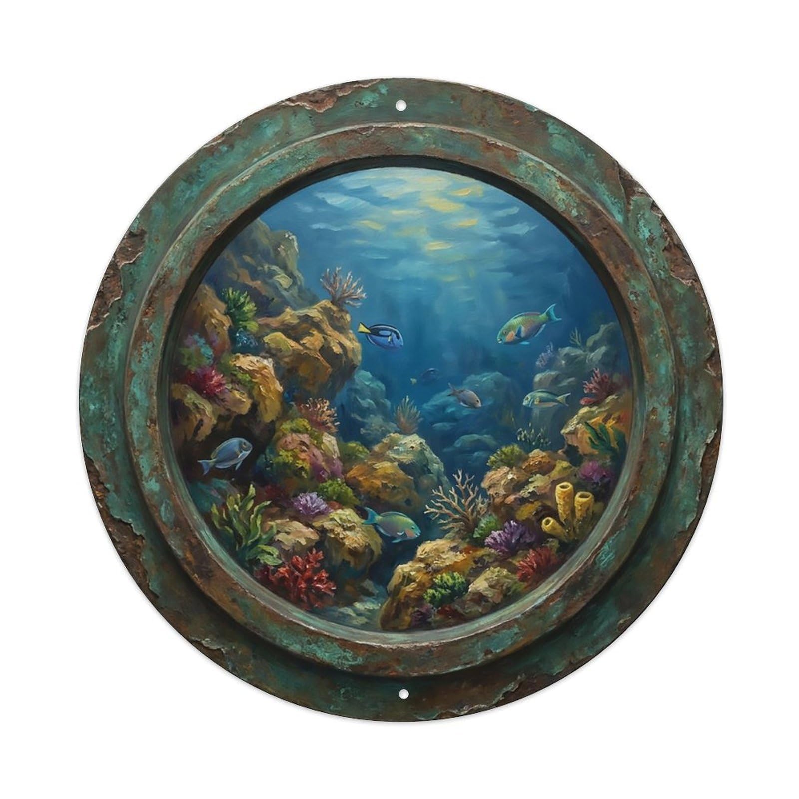 Vintage Porthole Rocky Reef Ship Window Undersea Deep Sea Metal Tin Sign