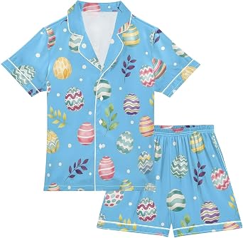 Satin Pajama Sets Short Sleeve Easter Eggs Leaves Dots Button Down Silky Nightwear 2 Piece PJS 5-14Y,