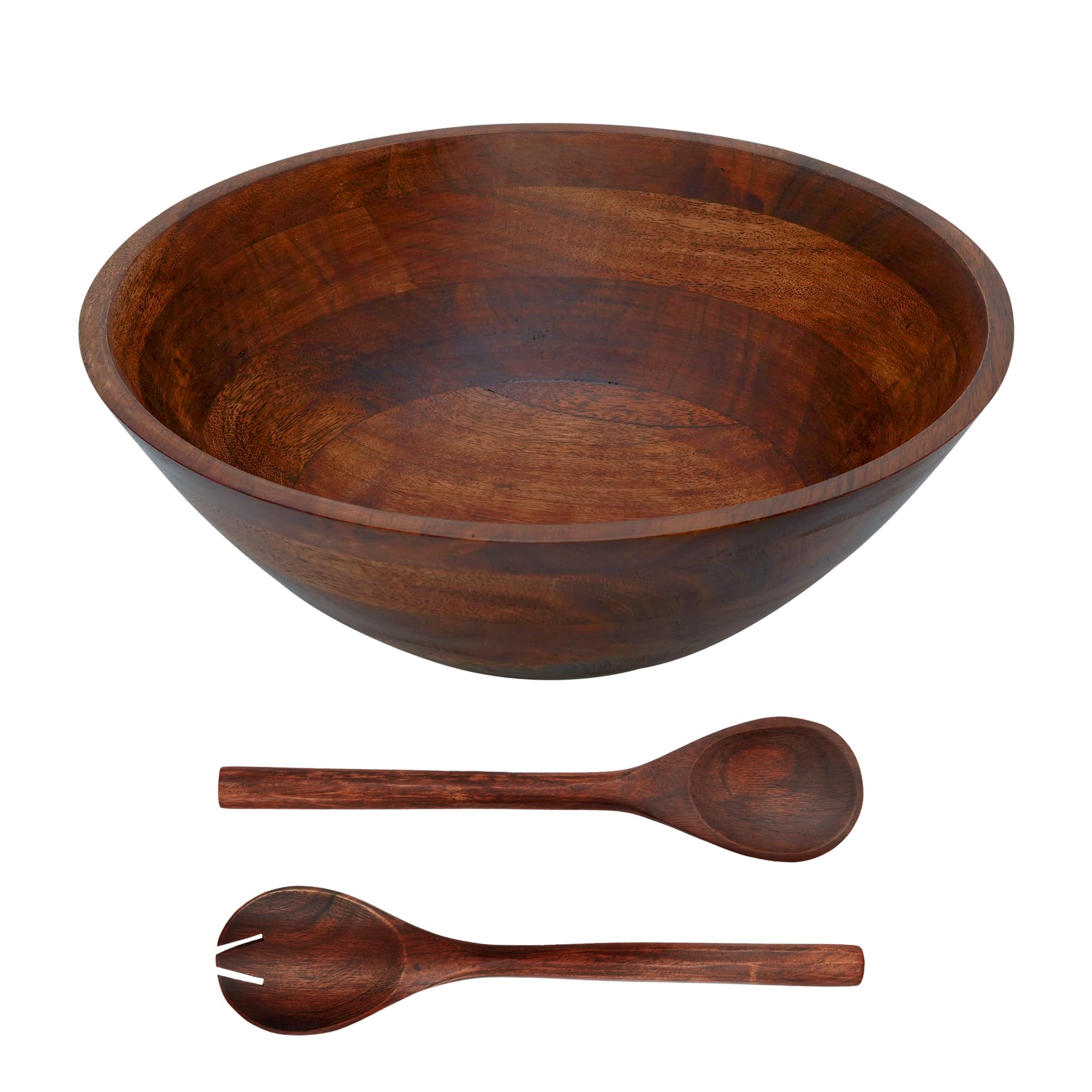 Luxe Designs Wooden Salad Bowl Set - Food Safe Sustainable Decorative Bowl - Wood Bowl for Fruits, Salads - Easy to Clean Large Salad Bowls Set w/Spoon, Fork – Wooden Bowls for Food (Dark Burnt)