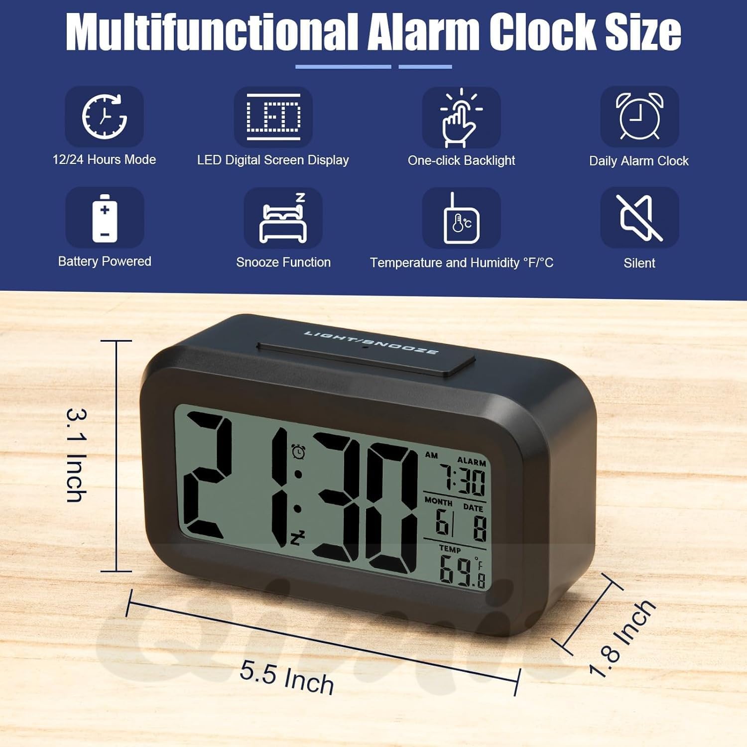 QIMIT Digital Alarm Clock Table Clock for Students, Home, Office, Corporate with Automatic Sensor, Date & Temperature-Black,Plastic, 14W x 8H Centimeters (Black)
