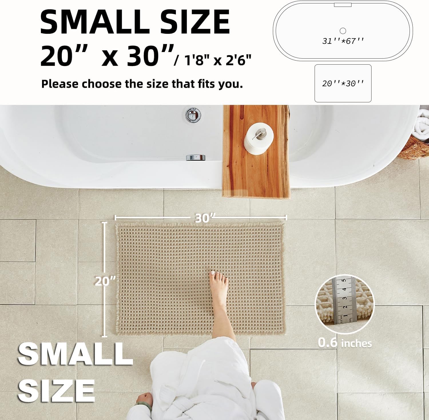 Pale Beige Bathroom Rug, Waffle Bath Mat Non Slip Washable Super Absorbent Quick Dry Boho Farmhouse Bathroom Decor, 30''x20'' / 1'8 x 2'6 Pale Beige