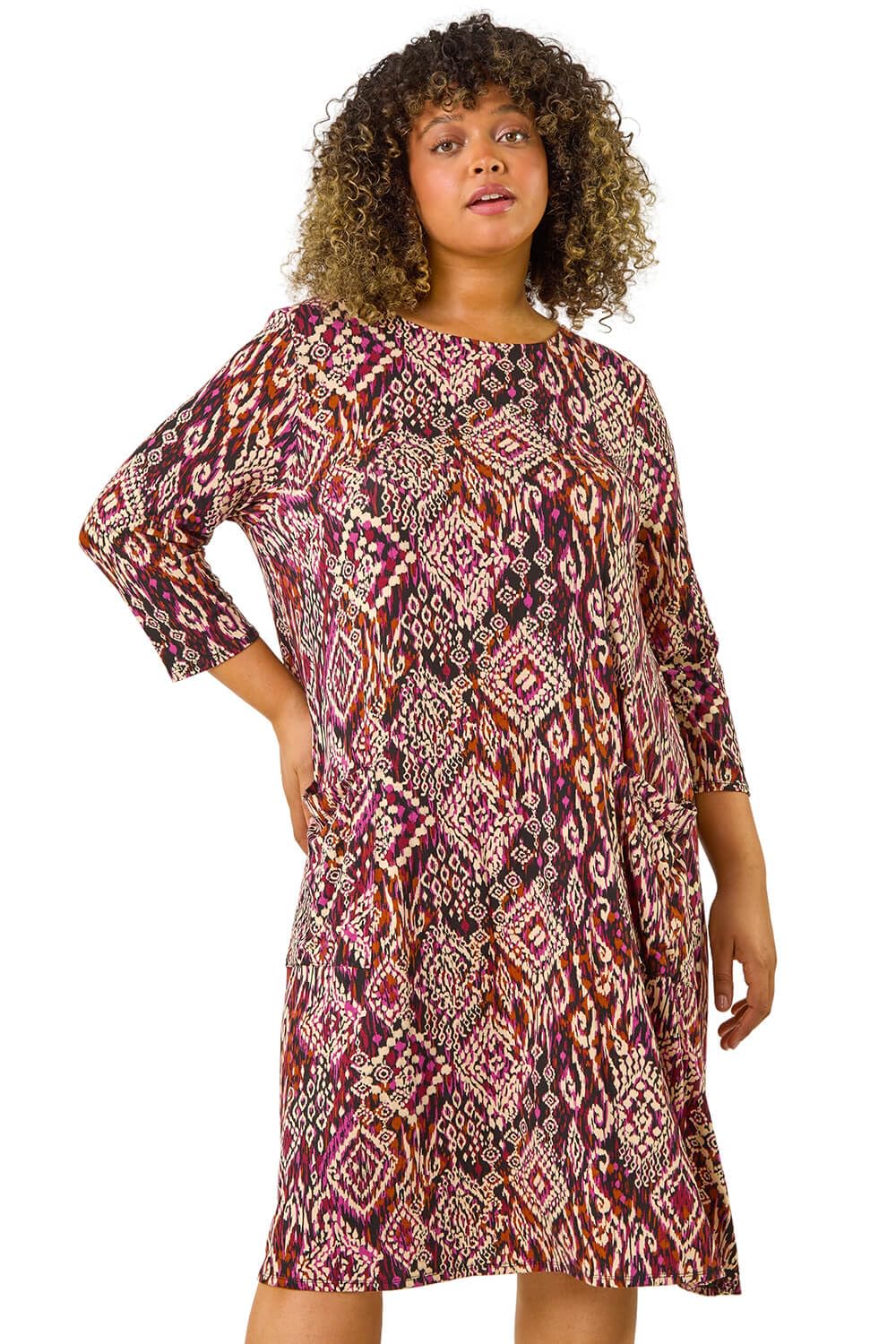 Roman Originals Women's Brown Tunic Dress With Pockets For Uk Swing Fit & Flare Skater Slouch Stretchy Casual Smart Winter Jersey Pull On Work Office 3/4 Long Sleeves - Size 18