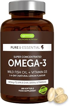 Igennus High-Quality Omega-3 Wild Fish Oil + D3 rTG Triglyceride Form 893 mg EPA & DHA 660 mg IFOS certified 180 servings once daily free from environmental toxins lemon flavour
