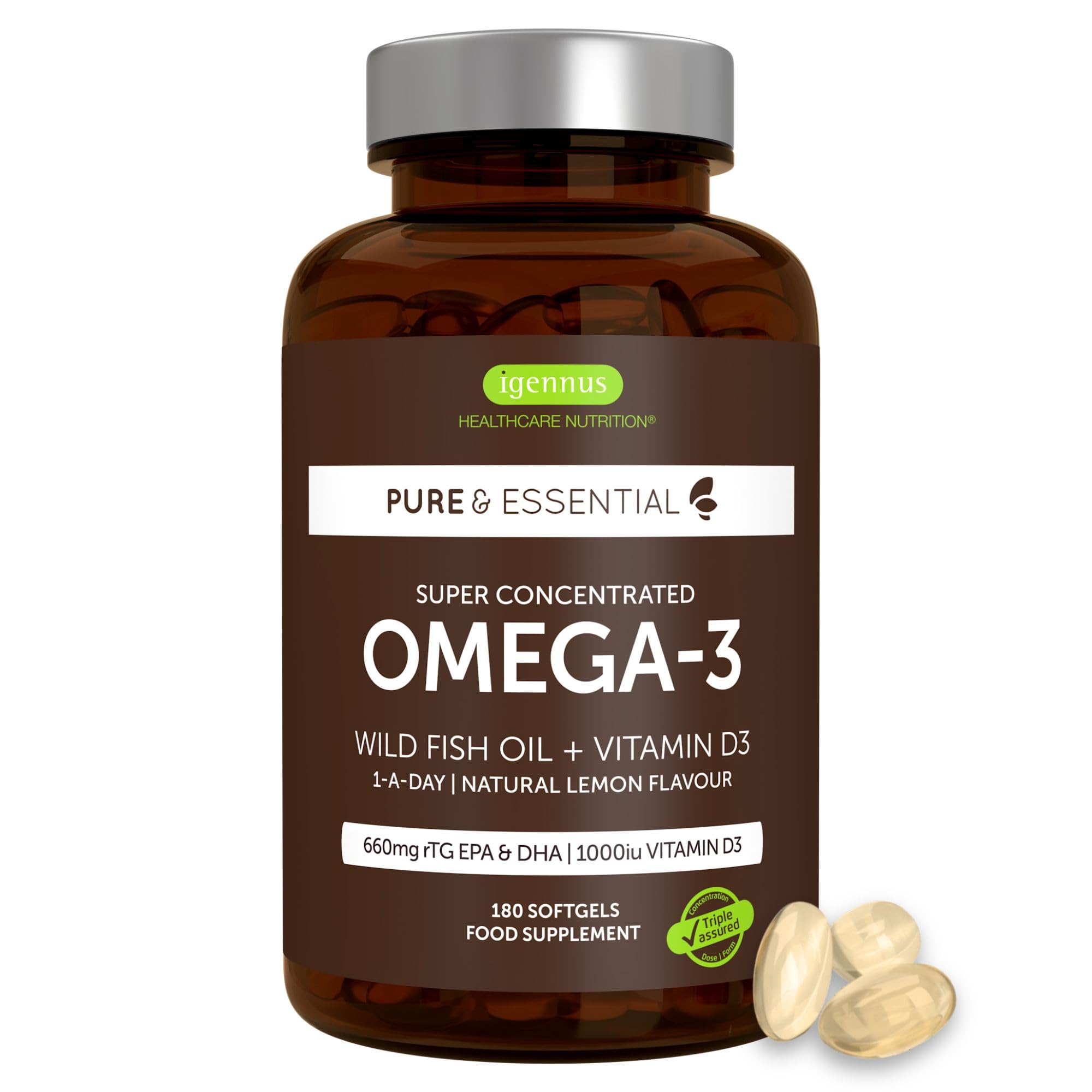 Igennus Hochwertigstes Omega-3 Wildfischöl + D3, rTG Triglycerid form 893mg | EPA & DHA 660mg, IFOS Zertifiziert, 180 Portionen, 1x täglich, frei von Umweltgiften, Zitronengeschmack