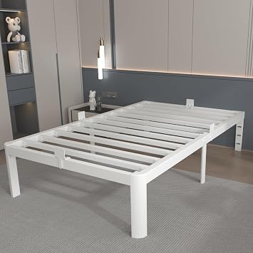 14 Inch Twin Bed Frame with Metal Gasket, White Single Bed Base