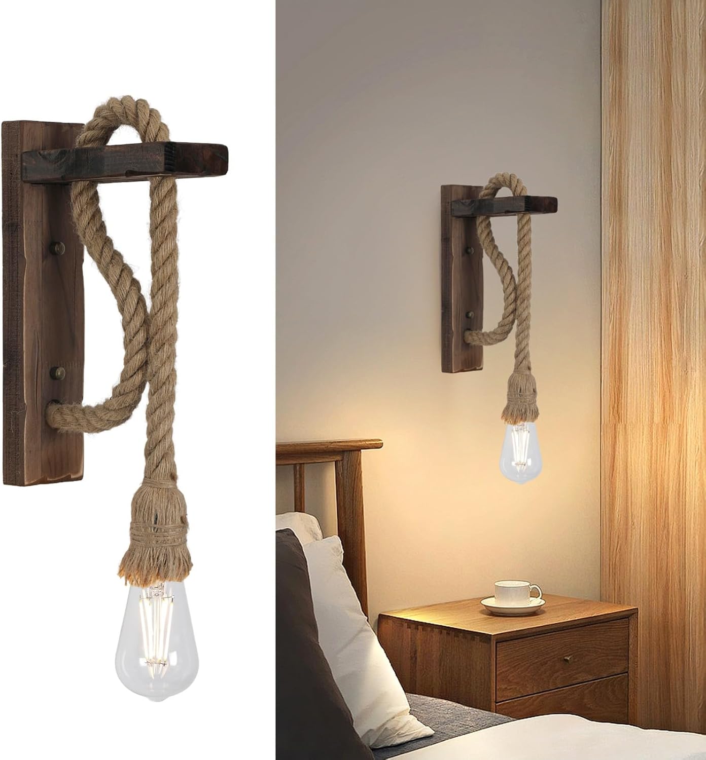 KEESFU Wood Wall Sconce 1 Light, Farmhouse Wood & Hemp Rope Wall Mount Light Fixture, Rustic Light Fixtures for Bedroom Entryway Hallway Living Room.