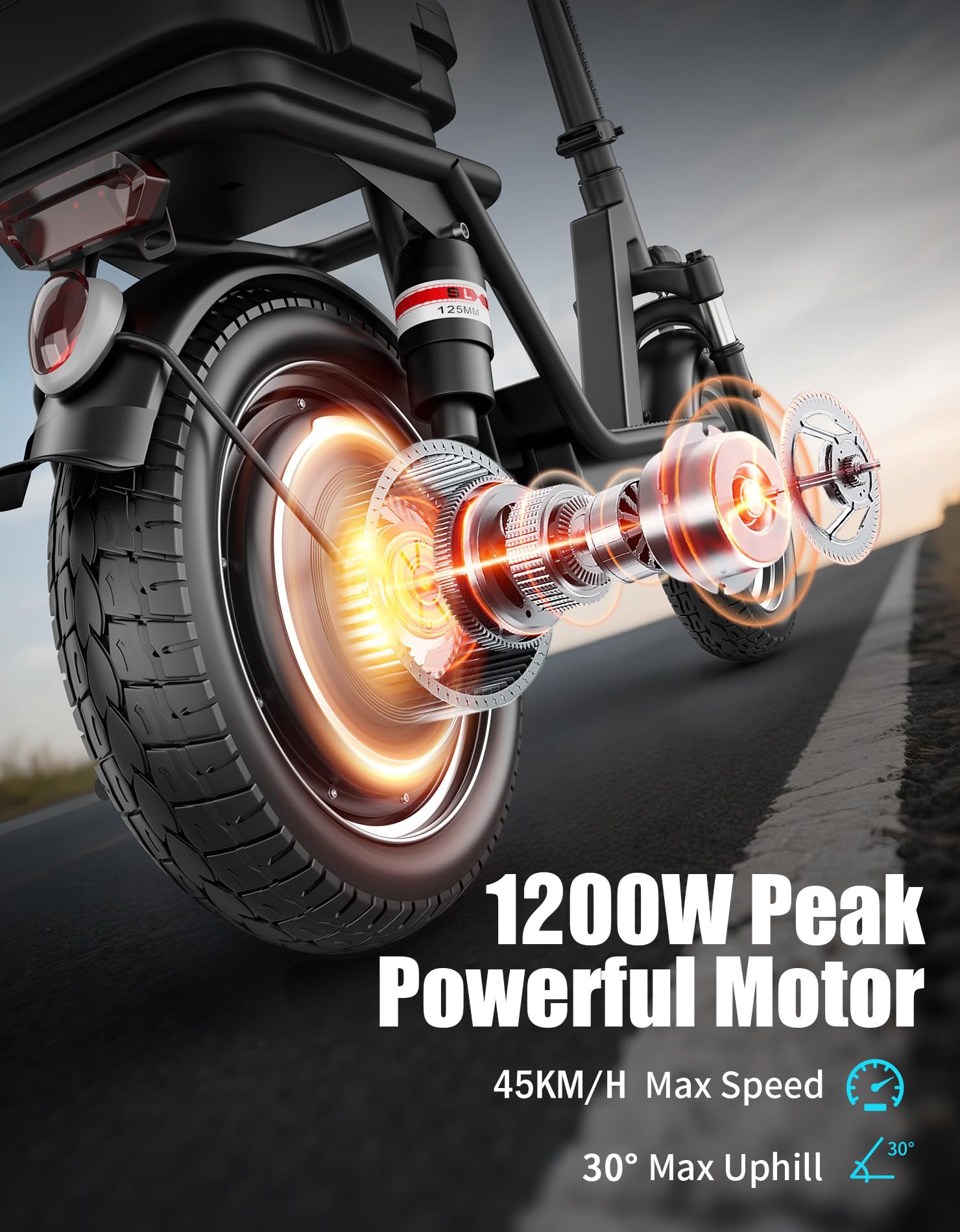 1200W Peak Motor Electric Scooter for Adults, 45KMH Top Speed, 65KM Max Range, 48V 15Ah Battery, E Scooter with Seat, Dual Suspension, 14" Foldable E-Scooter with Rear Box for Cargo, Commuting - 3