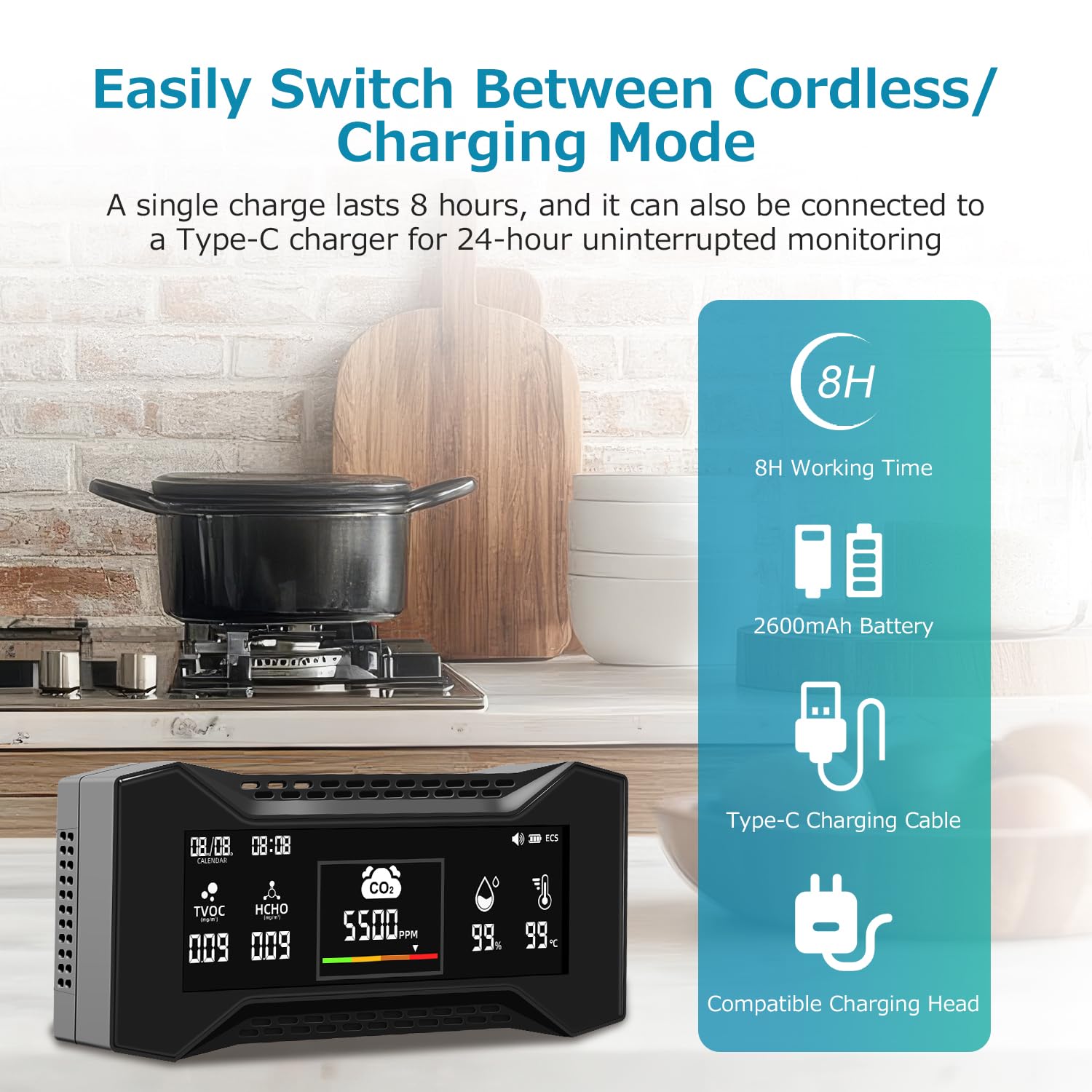 CF-20 DL Misuratore Della Qualità Dell'Aria Con Report Dei Dati, Rilevatore CO2 Che Misura CO2, TVOC, HCHO, PM2.5, PM10, AQI, Temperatura e Umidità, Display Visivo Basato Su Simboli Per Casa