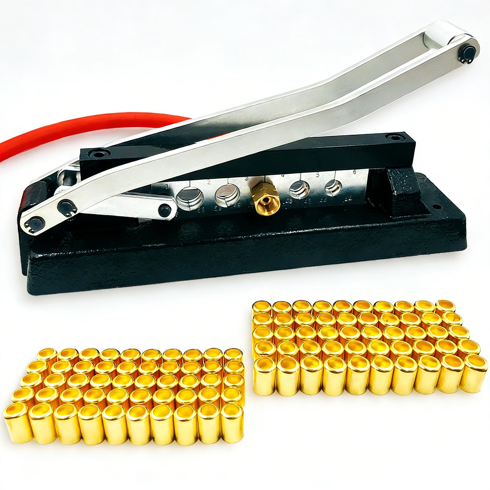 Heavy Duty Bench Hose Crimper for 1/4, 5/16, 3/8in ID Hoses, Hose Crimping Tool with 100 Ferrules Fittings (50x 0.593" ID&amp; 50x 0.625" ID), Air Hose Repair Kit, Air Hose Crimper, Torch Hose Repair Kit