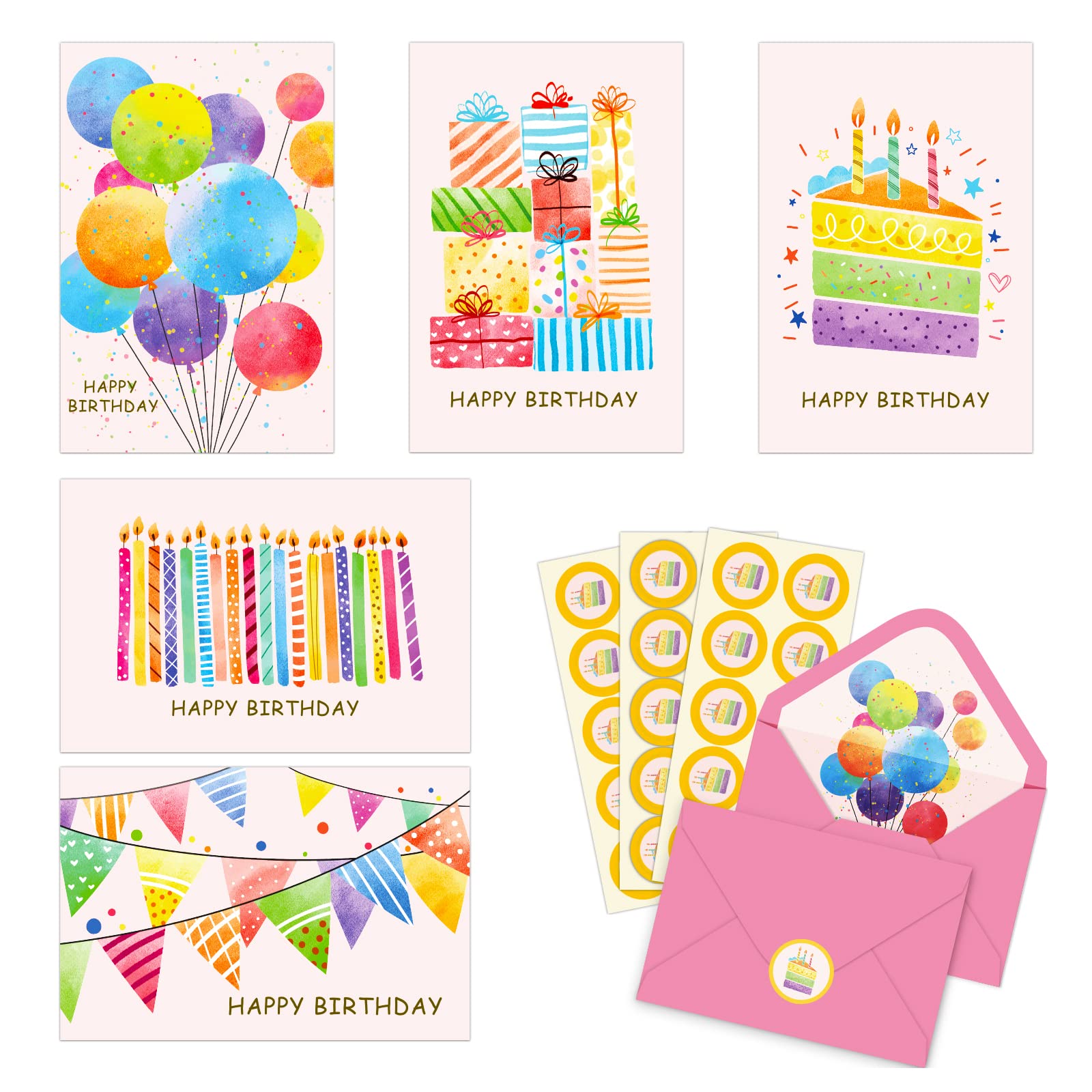 KiDEPOCH 50 Pack Happy Birthday Cards, Watercolor Birthday Cards Assortment, Assorted Blank Birthday Cards Bulk with Envelopes & Stickers for Birthday